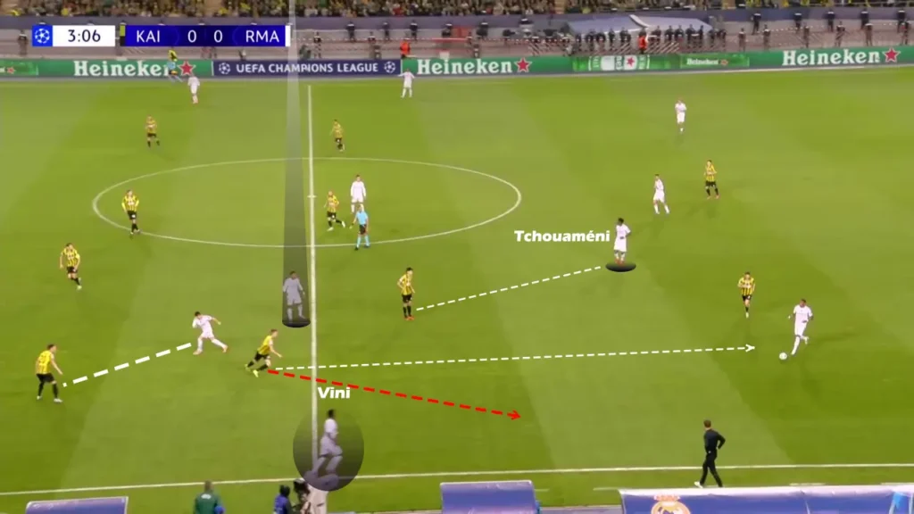 Vinícius Júnior, moving into the central midfield zone, expanded the pitch’s width while still offering an option inside.